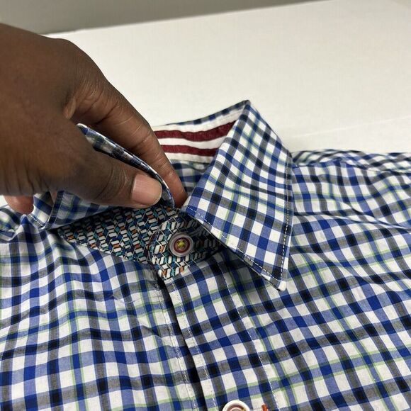 Robert Graham Mens Button Down Shirt Plaid Contrast Trim Short Sleeve SMALL FLAW - Picture 6 of 13